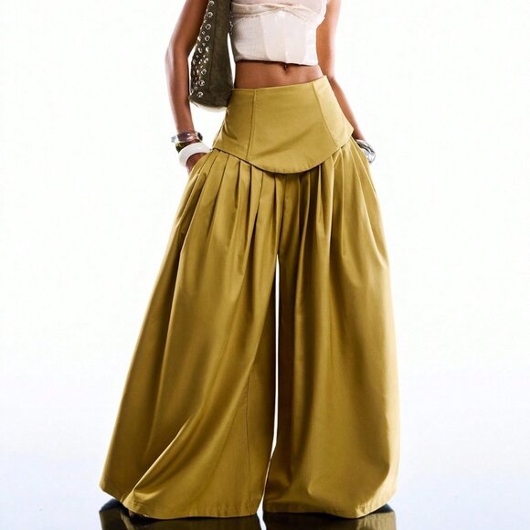 MODA ME COUTURE Pants - Yellow Casual Women's Pleated Wide Leg Pants